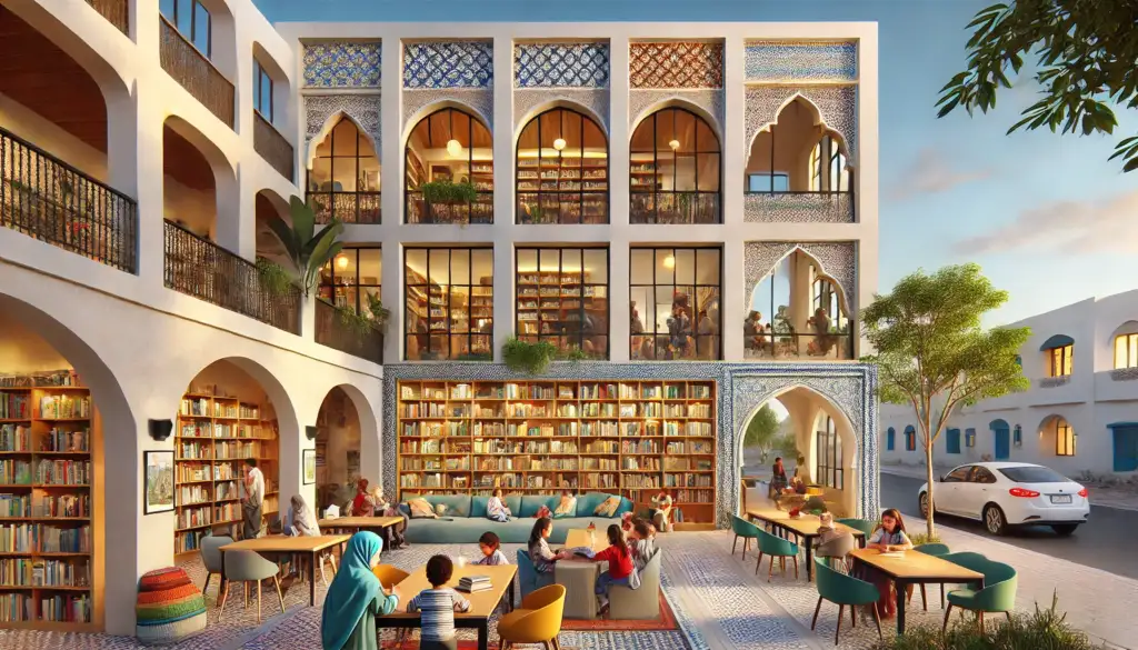 مكتبة حي ترحيبية في الجزائر تتميز بمزيج من عناصر التصميم الحديثة والتقليدية، ويحتوي المبنى على نوافذ مقوسة كبيرة مبلطة